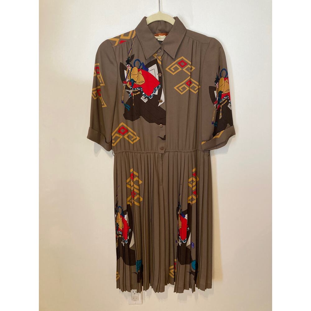 Italiya Japanese Label Midi Silk-like Pleated Dress Japanese Blockprint Sz S/M - Picture 5 of 11